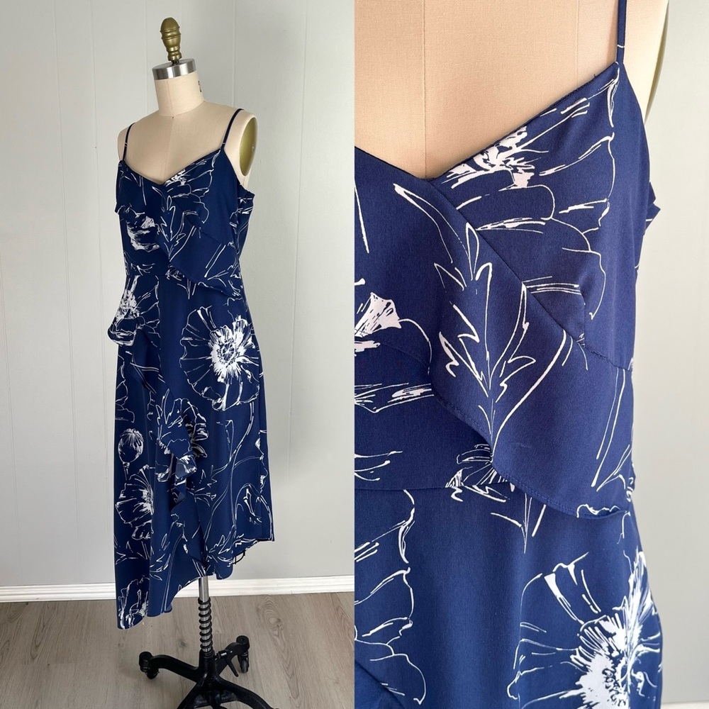 Banana Republic Midi Dress 4 Asymmetrical Hem Blue Floral Ruffle Spaghetti Strap